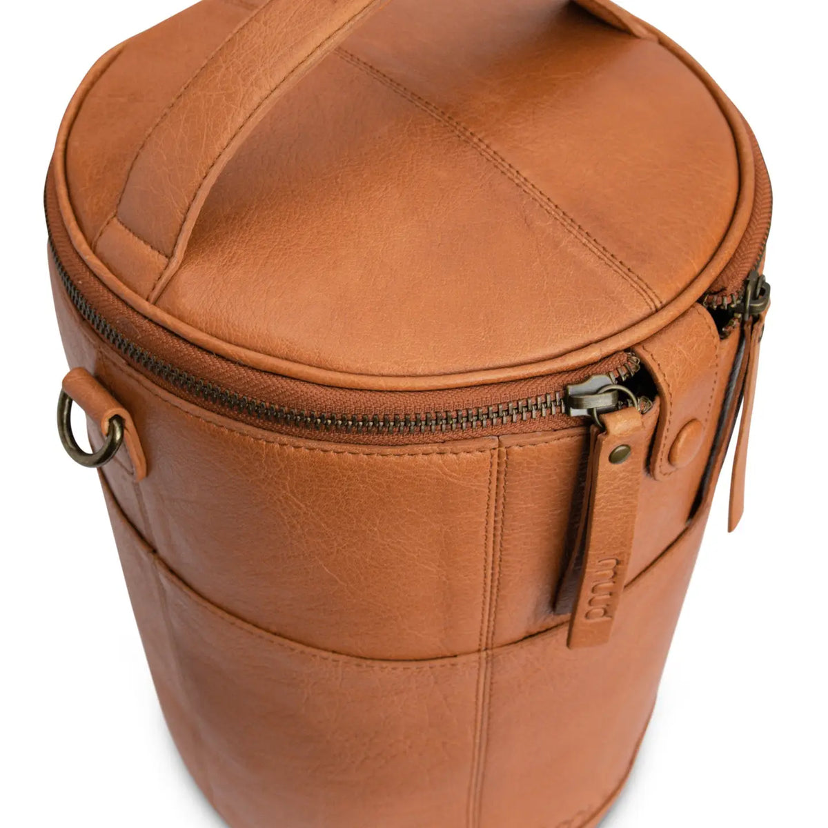 Muud Saturn XL Leather Project Bag in Whisky. Top view of the closed project bag.