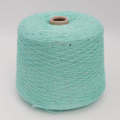 Cone of Primavera NM4200 cotton and sequin blend yarn in Mint Seafoam.
