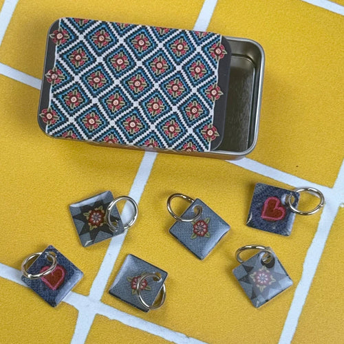 Ring Stitch Markers (set of 6) in Pocket Tin by Emma Ball in Indigo Dreams.