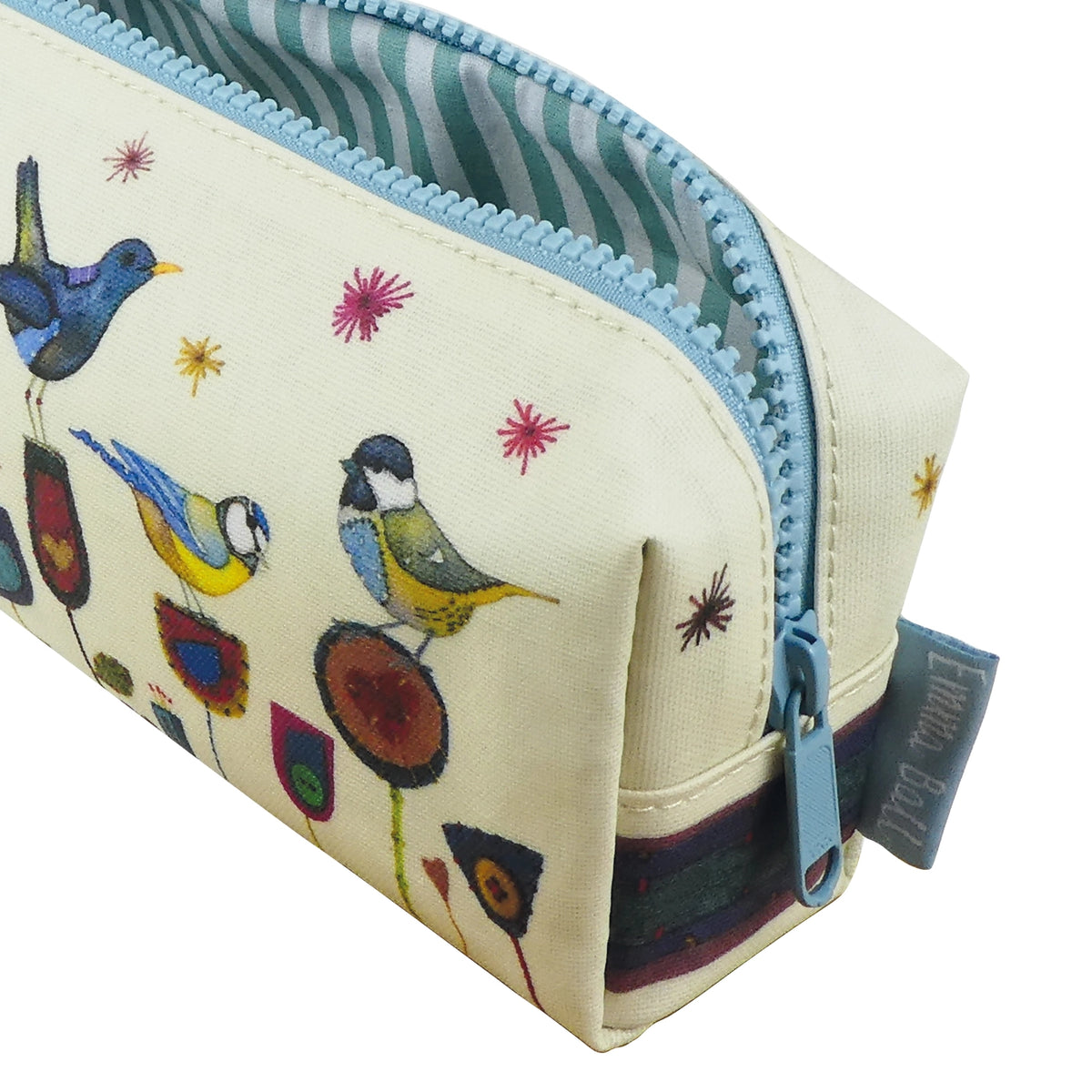 Stitched Birdies Pencil Case. Zippered bird-print case opened to show the lining.