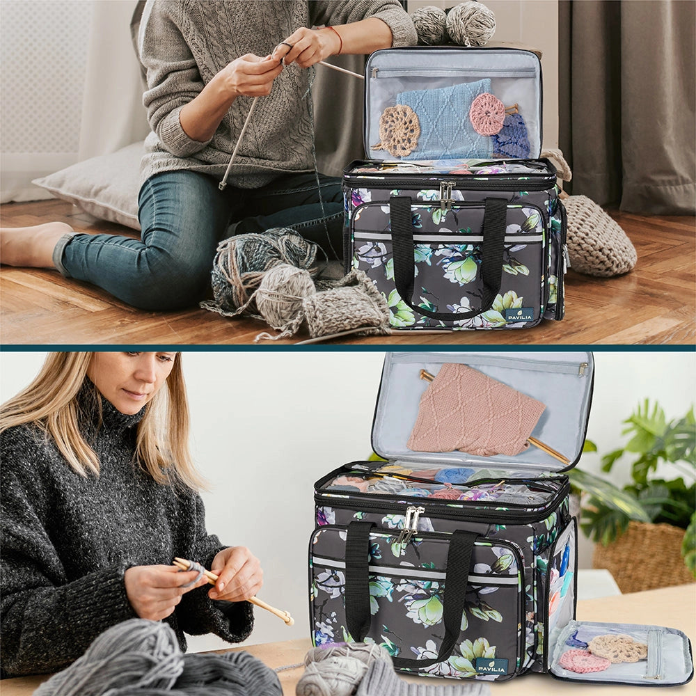 Yarn Organizer Knitting Bag. Lifestyle collage showing the organizer bag open beside people knitting.