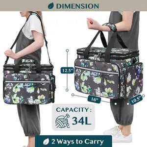 Yarn Organizer Knitting Bag. Size and capacity diagram showing two ways to carry the patterned organizer bag.