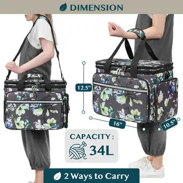 Yarn Organizer Knitting Bag. Size and capacity diagram showing two ways to carry the patterned organizer bag.