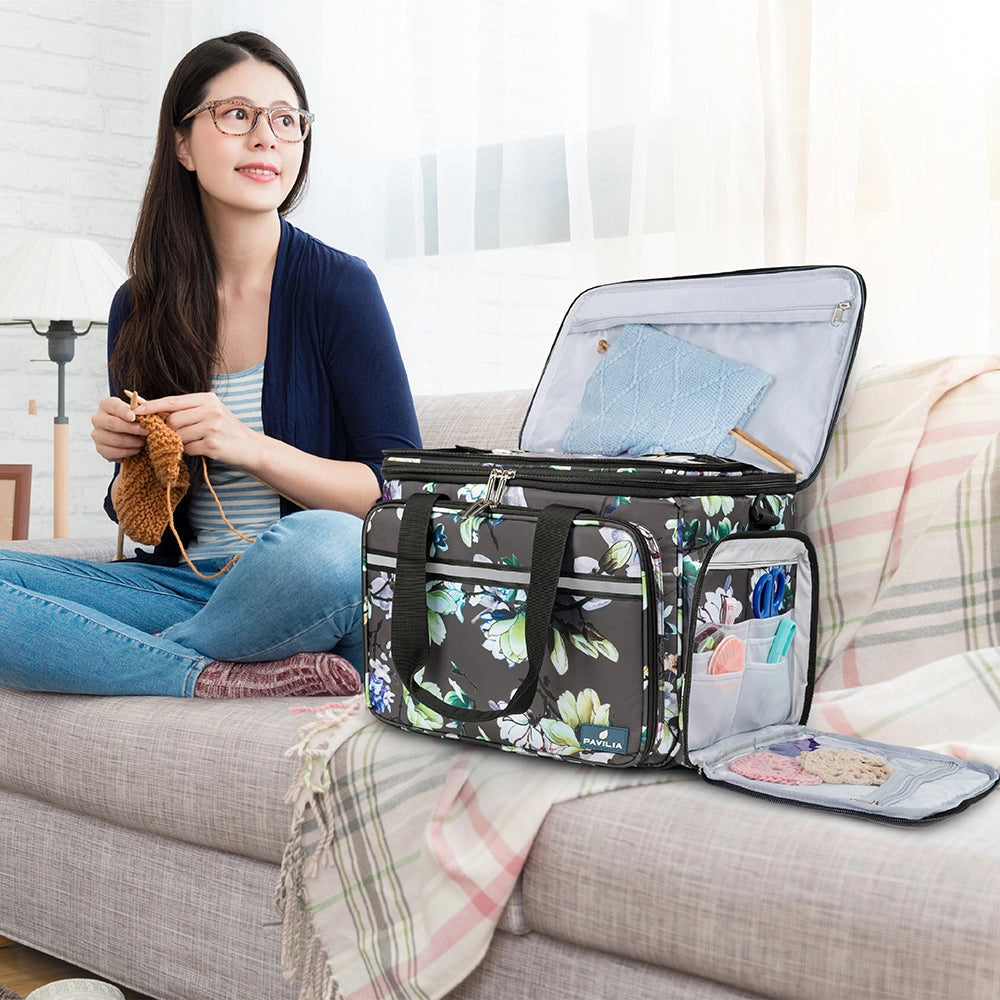 Yarn Organizer Knitting Bag. Woman knitting beside the organizer bag with its lid open.