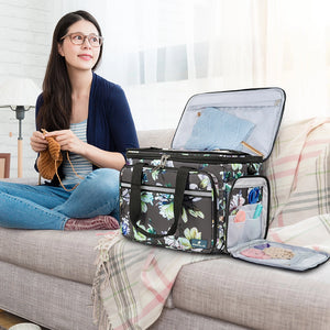 Yarn Organizer Knitting Bag. Woman knitting beside the organizer bag with its lid open.