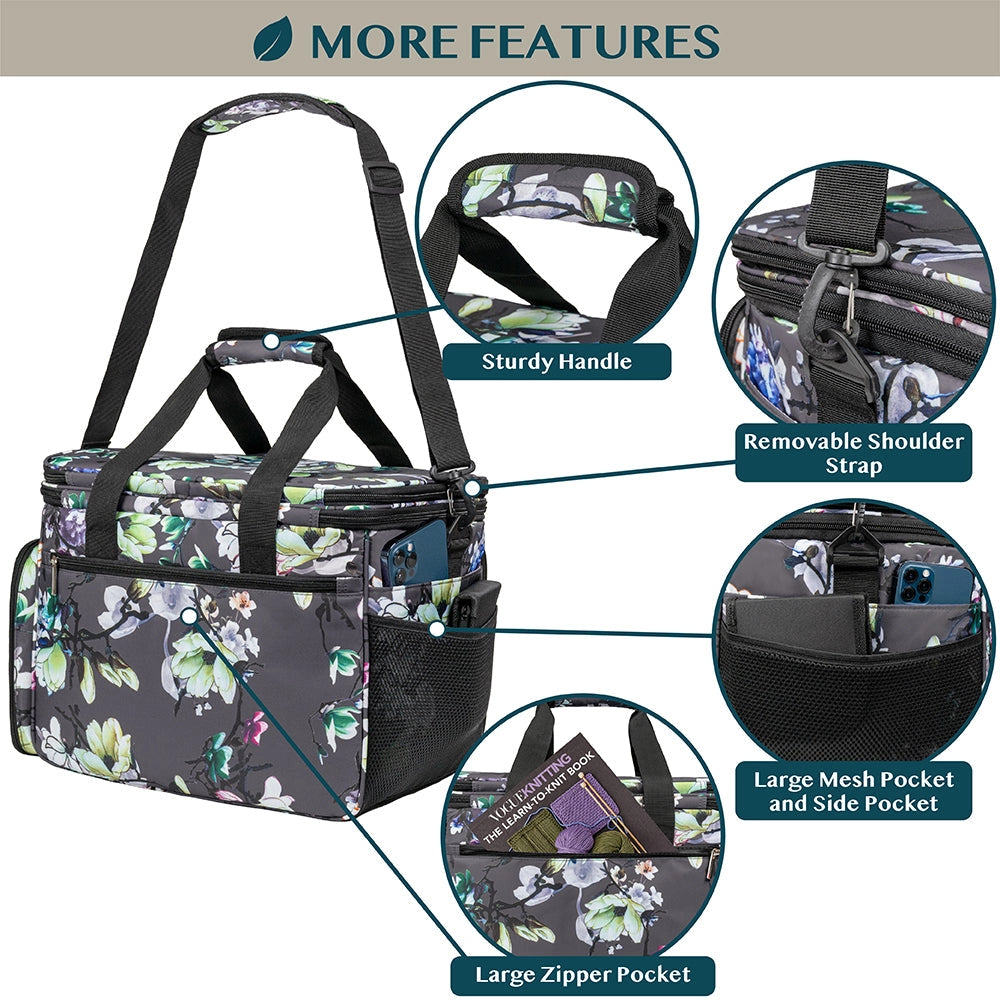 Yarn Organizer Knitting Bag. Feature diagram showing the bag's handles, straps and external storage.