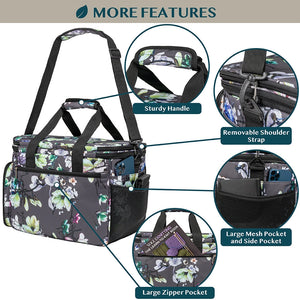 Yarn Organizer Knitting Bag. Feature diagram showing the bag's handles, straps and external storage.