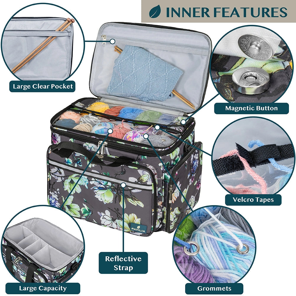 Yarn Organizer Knitting Bag. Diagram of the bag's interior pockets and yarn storage.