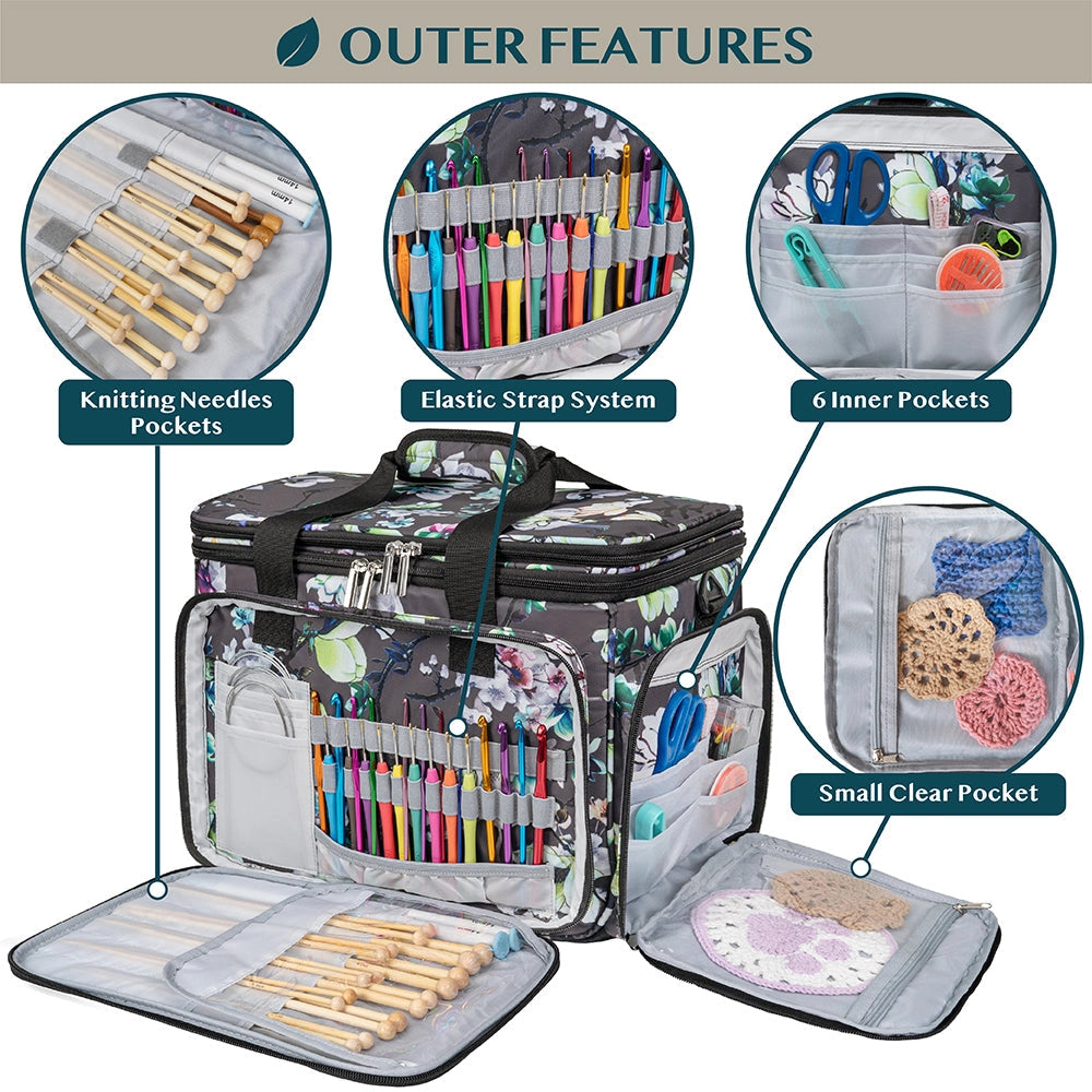 Yarn Organizer Knitting Bag. Diagram showing exterior pockets and organized knitting tools.