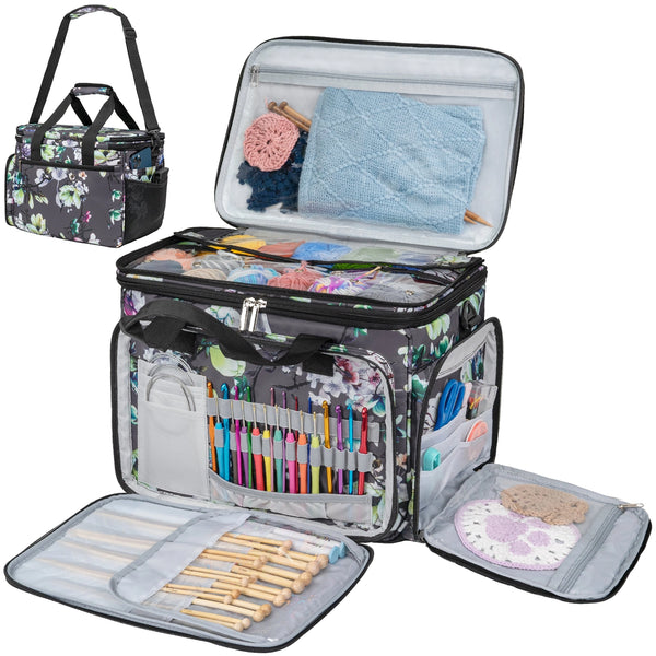 Yarn Organizer Knitting Bag. Patterned organizer bag shown with its lid open and knitting tools stored inside.